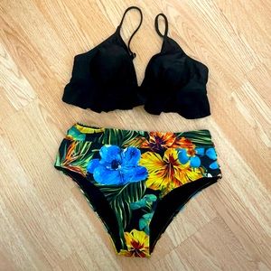 Black bikini ruffle top with floral bottoms